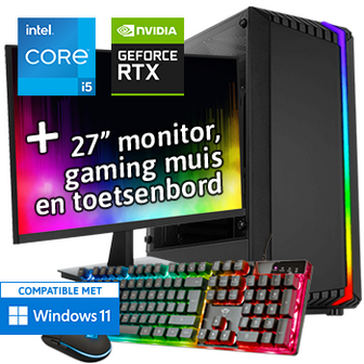 Intel Core i5 met GeForce RTX 3050 (Game PC set inclusief Toetsenbord, Muis en 27 inch Monitor)