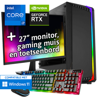 Intel Core i7 met GeForce RTX 4060 (Game PC set inclusief Toetsenbord, Muis en 27 inch Monitor)