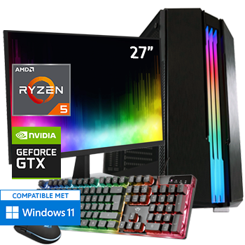 AMD Ryzen 5 met GeForce GTX 1650 (Game PC set inclusief Toetsenbord, Muis en 27 inch Monitor)